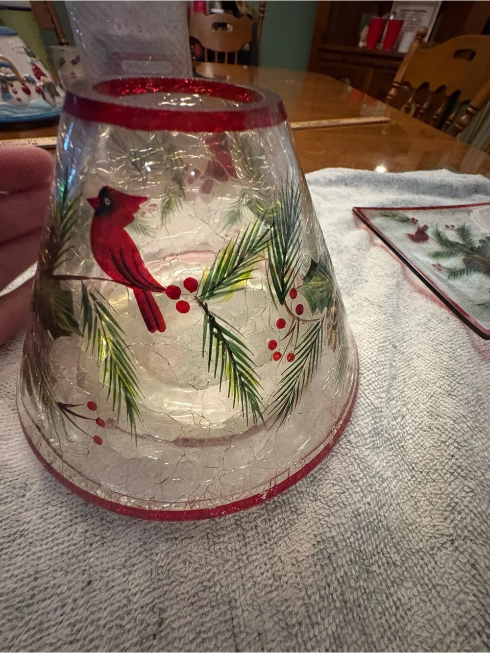 Yankee Candle Red-Trim Glass Hurricane and Tray with Pine & Cardinal Motif
